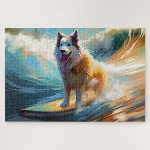 Quebra-cabeça Pintura de Malamute do Alasca Surfando na Praia
