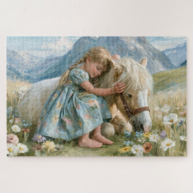 Quebra-cabeça Pintura de Menina e Pônei nas Montanhas em Prado (Horizontal)