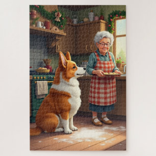 Quebra-cabeça Pintura de Natal da Corgi Assando com a Vovó