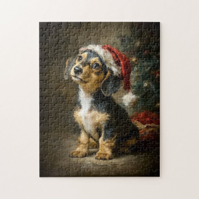 Quebra-cabeça Pintura de Natal de Cachorrinho Dachshund (Vertical)