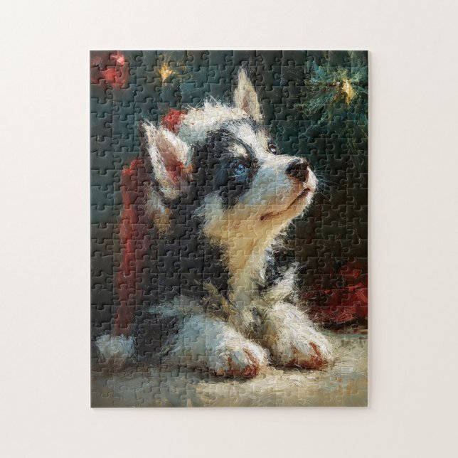 Quebra-cabeça Pintura de Natal de Cachorrinho Husky Siberiano (Vertical)