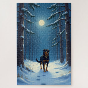 Quebra-cabeça Pintura de Natal de Rottweiler Caminhando pela Flo