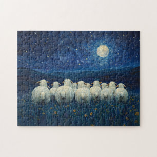 Quebra-cabeça Pintura de óleo noturno estelar de ovelha
