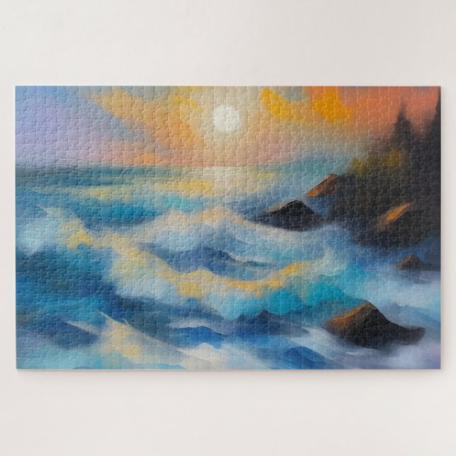 Quebra-cabeça Pintura de ondas de mar azul claro sob o sol (Horizontal)