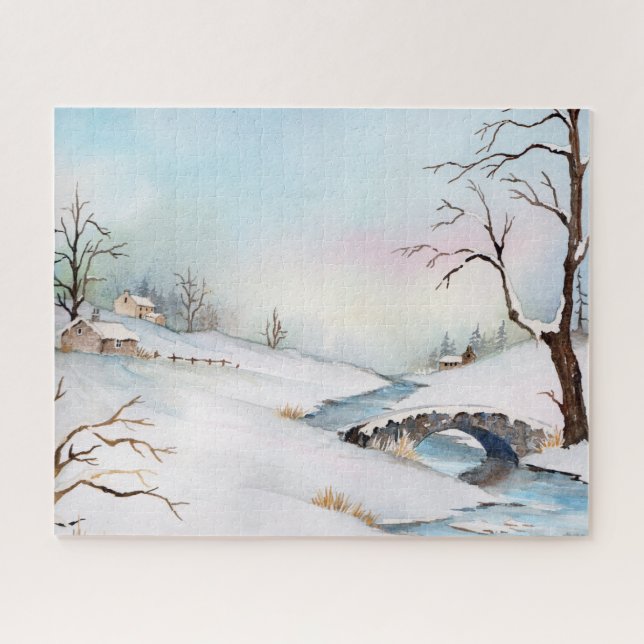 Quebra-cabeça Pintura de Paisagem de Aquarela da Ponte Snowy (Horizontal)