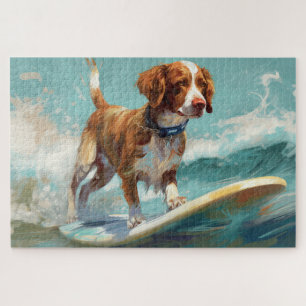 Quebra-cabeça Pintura de Surf na Praia com Brittany Spaniel