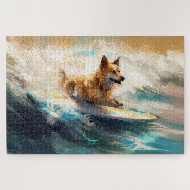 Quebra-cabeça Pintura de Surf na Praia com Finnish Lapphund (Horizontal)