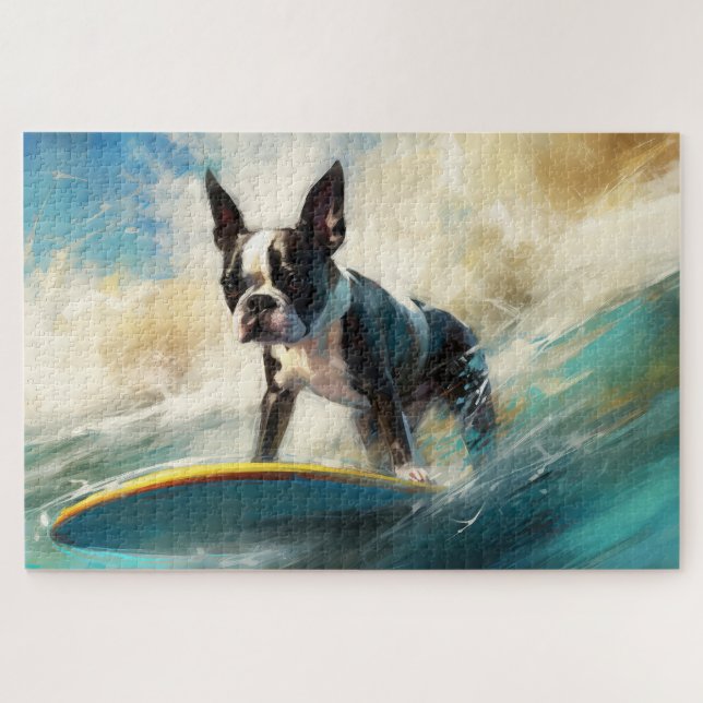 Quebra-cabeça Pintura de Surf na Praia do Boston Terrier (Horizontal)