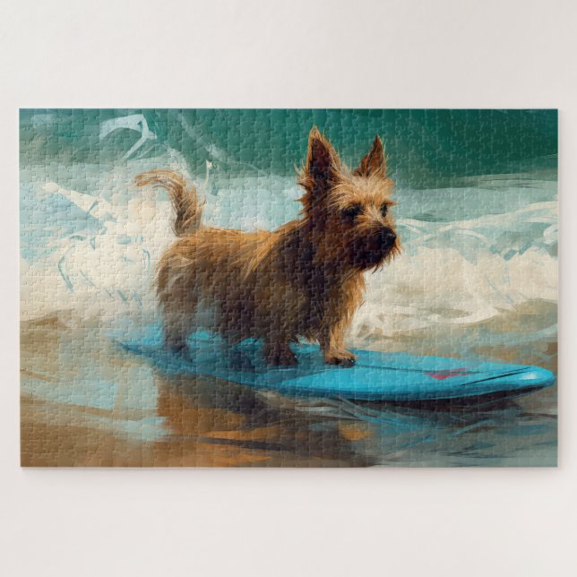 Quebra-cabeça Pintura de Surf na Praia do Terrier Australiano (Horizontal)
