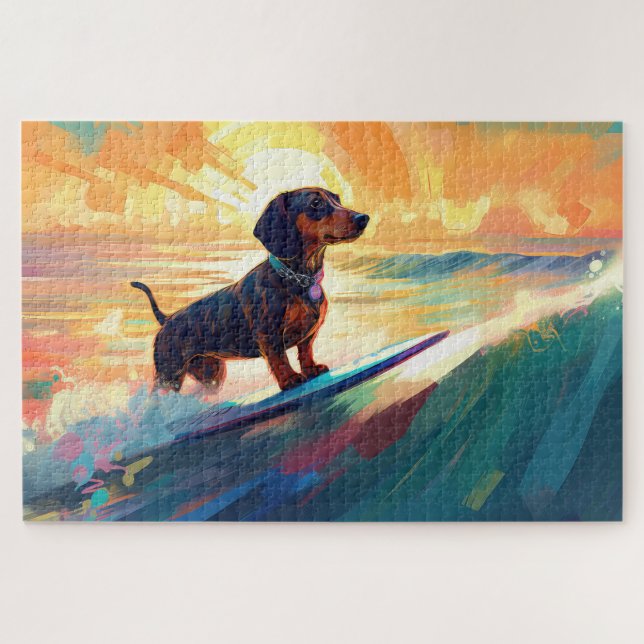 Quebra-cabeça Pintura de Surfe na Praia de Dachshund (Horizontal)