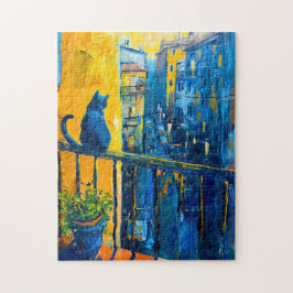Quebra-cabeça Pintura de um gato na grade da varanda observando 