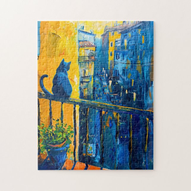 Quebra-cabeça Pintura de um gato na grade da varanda observando  (Vertical)