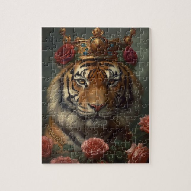 Quebra-cabeça Pintura de um tigre com uma coroa e Rosas (Vertical)