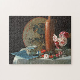 Quebra-cabeça Pintura de vida estática com fã e rosas