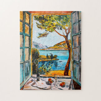 Quebra-cabeça Pintura do café da manhã na vista da janela do mar