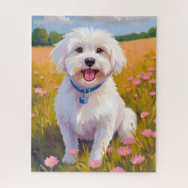 Quebra-cabeça Pintura do Cão Maltês no Campo de Flores
