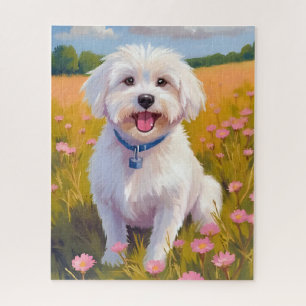 Quebra-cabeça Pintura do Cão Maltês no Campo de Flores