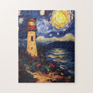 Quebra-cabeça Pintura do Farol da Noite Estelar
