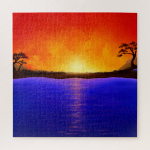 Quebra-cabeça Pintura do sol/nascer do sol, paisagem do lago, c