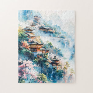 Quebra-cabeça Pintura em aquarela de templos chineses