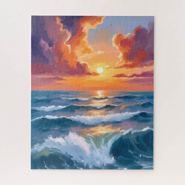 Quebra-cabeça Pintura em Aquarela do Mar Brilhante ao Pôr do Sol (Vertical)