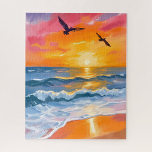 Quebra-cabeça Pintura em Aquarela do Pôr do Sol no Oceano Dourad