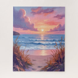 Quebra-cabeça Pintura em Aquarela do Pôr do Sol no Oceano Rosa n
