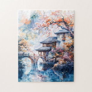 Quebra-cabeça Pintura em aquarela do templo da china e água