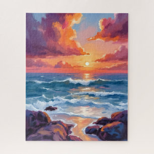 Quebra-cabeça Pintura em Aquarela Pastel do Pôr do Sol no Oceano