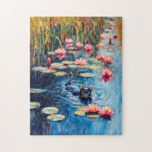 Quebra-cabeça Pintura Impressionista de Gato Preto em Lago de Lí