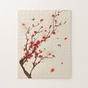 Quebra-cabeça Pintura oriental do estilo, flor da ameixa no