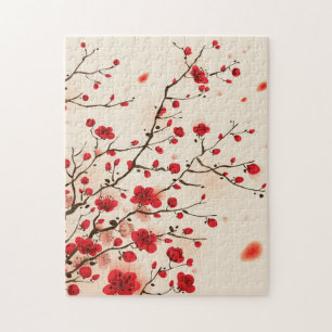 Quebra-cabeça Pintura oriental do estilo, flor da ameixa no