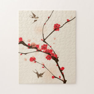 Quebra-cabeça Pintura oriental do estilo, flor da ameixa no
