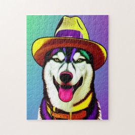 Quebra-cabeça Pintura pop de um cão Rouco Vestindo um chapéu