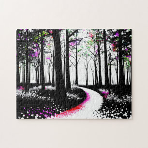 Quebra-cabeça Pintura Preta e Branca com Caminho da Floresta Ros