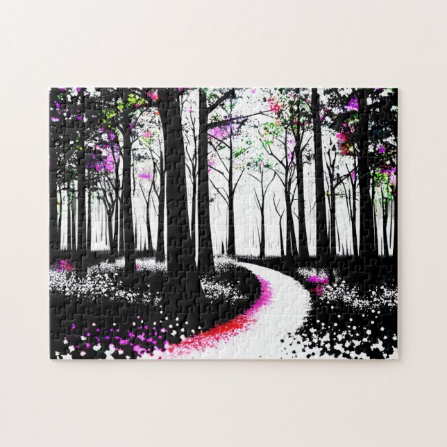 Quebra-cabeça Pintura Preta e Branca com Caminho da Floresta Ros (Horizontal)