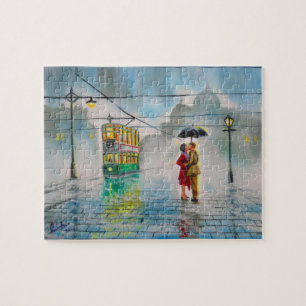 Quebra-cabeça pintura romântica do bonde do guarda-chuva do