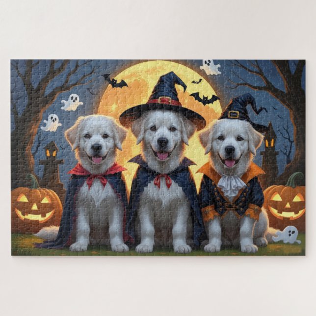 Quebra-cabeça Pirenéus excelentes Cães Abóbora Halloween Engraça (Horizontal)