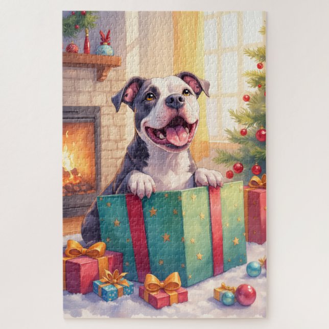 Quebra-cabeça Pitbull Brincalhão Abrindo Presentes de Natal Feri (Vertical)