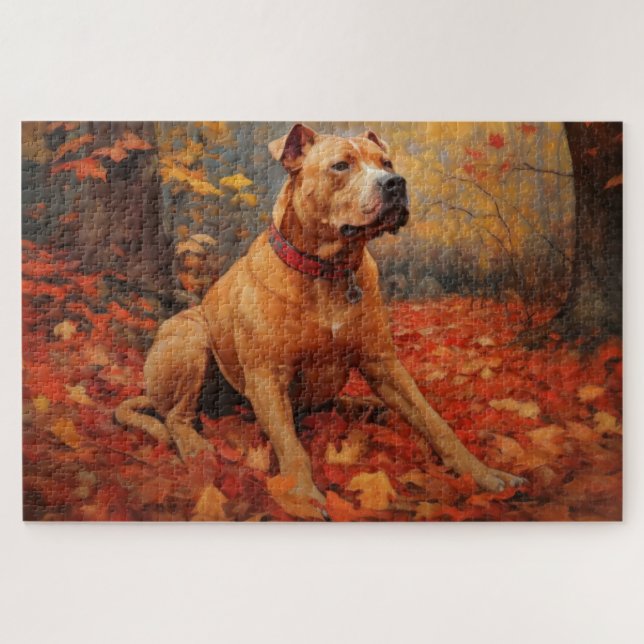Quebra-cabeça Pitbull nas Folhas de Outono Caem Inspiração (Horizontal)