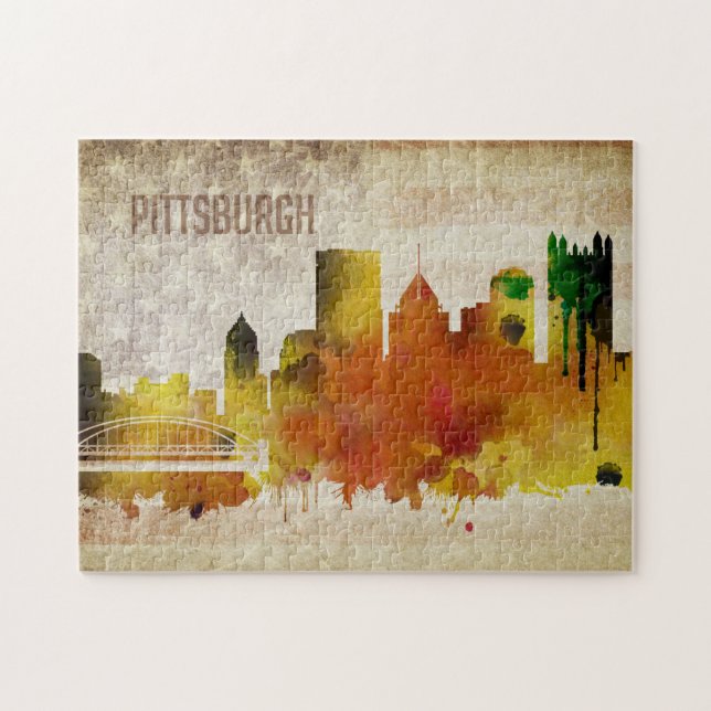 Quebra-cabeça Pittsburgh, skyline da cidade da aguarela do PA | (Horizontal)