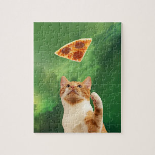 Quebra-cabeça Pizza de Gato No Espaço Nebulosa Galáxia Verde