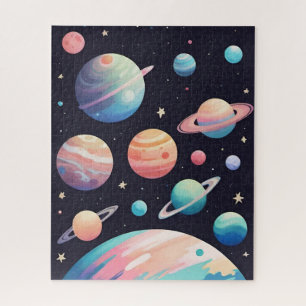 Quebra-cabeça Planetas coloridos de Pastel no espaço escuro