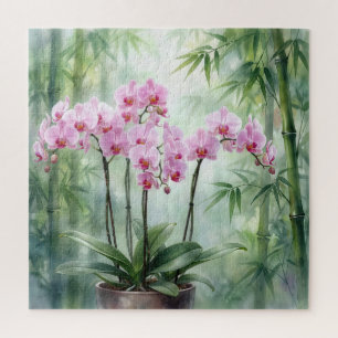 Quebra-cabeça Planta de Orquídea Rosa em Fundo de Bambu