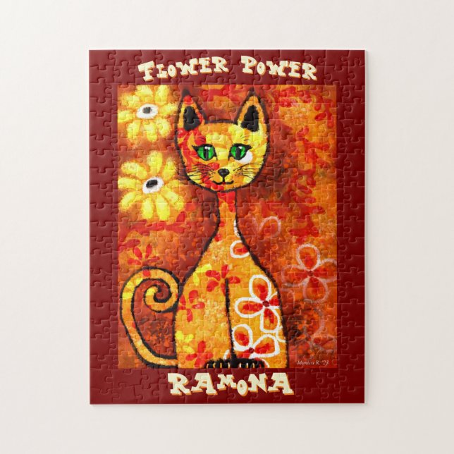 Quebra-cabeça Poder Floral Retro Caprichoso Gato Personalizado (Vertical)