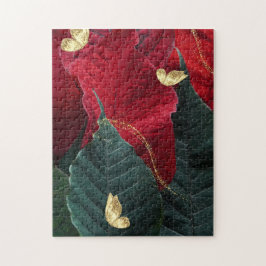 Quebra-cabeça Poinsettia Vermelha e Borboletas Douradas Quebra-C