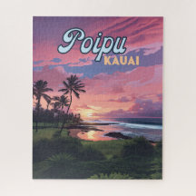 Poipu Kauai Hawaii Beach Palm Trees Retro