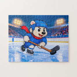 Quebra-cabeça Polar Bear Playing Ice Hockey on a Frozen Rink