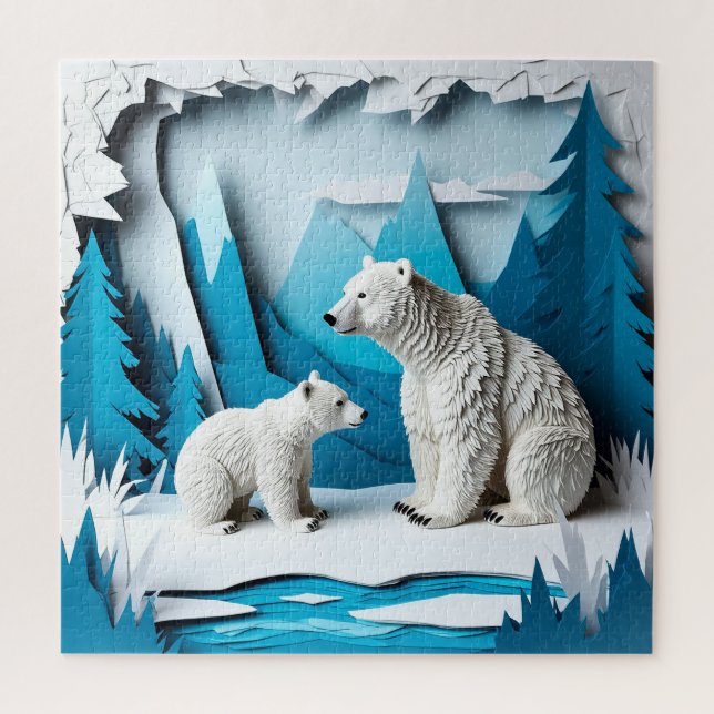 Quebra-cabeça Polar Bears Papercraft Scene in Blue Arctic Forest (Vertical)
