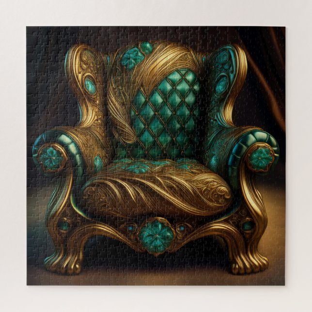 Quebra-cabeça Poltrona de Braço Verde e Dourado Luxuosa (Vertical)